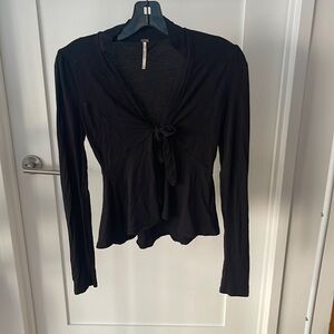 Free People Black Knit Long Sleeve Top with Front Knot Tie